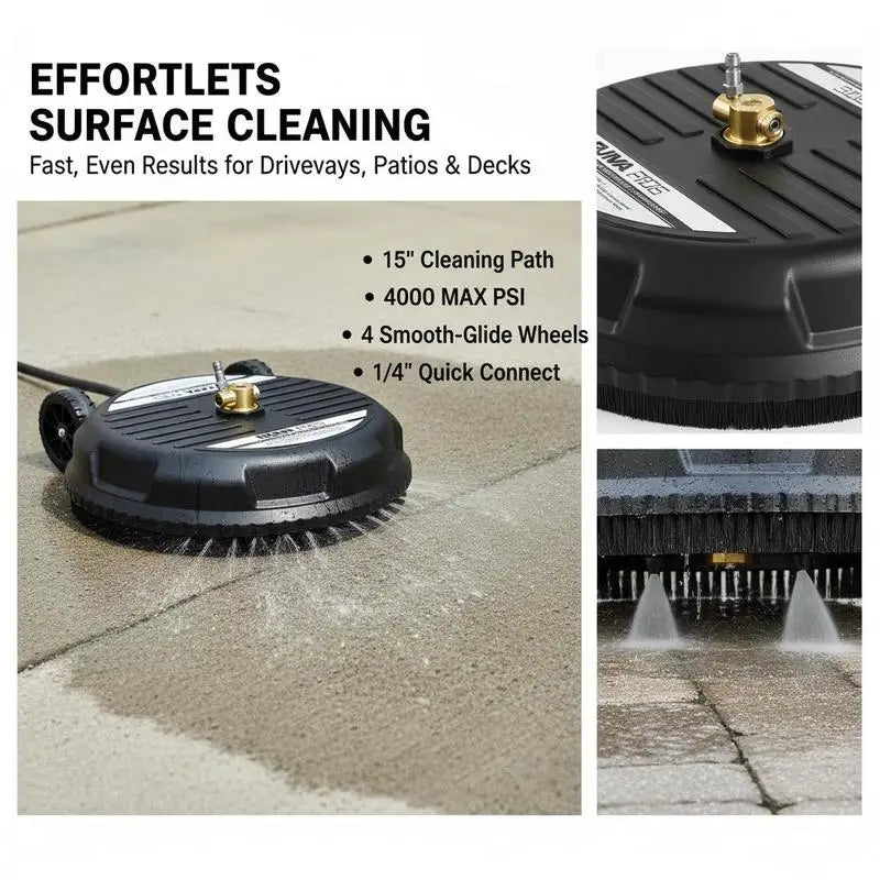 Nettoyeur de surface pour nettoyeur haute pression 385 mm, accessoire de nettoyage de sol en plastique sur roues, 275 bars max. Connecteur 0,635 cm 2 buses de pulvérisation pour béton, trottoir, noir