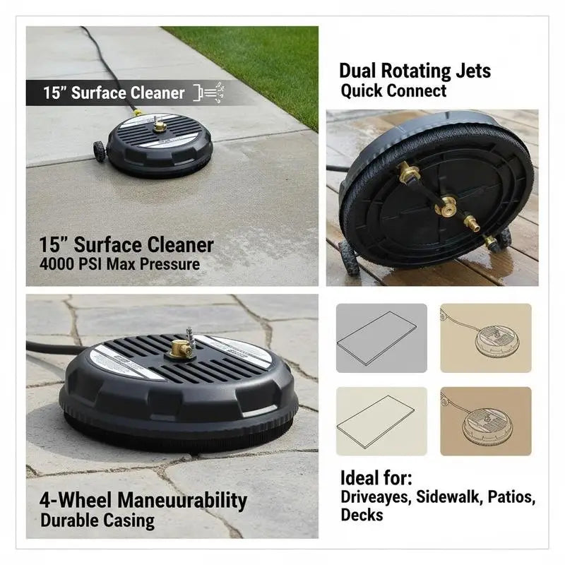 Nettoyeur de surface pour nettoyeur haute pression 385 mm, accessoire de nettoyage de sol en plastique sur roues, 275 bars max. Connecteur 0,635 cm 2 buses de pulvérisation pour béton, trottoir, noir