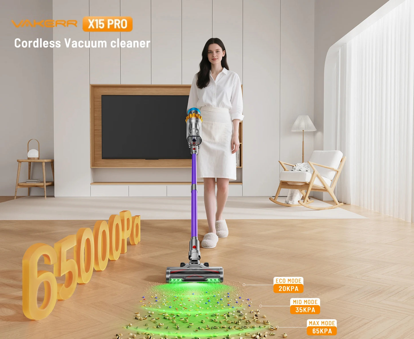 Aspirateur sans fil VAKERR X15 Pro 650W, forte aspiration 65KPA pour poils d'animaux et tapis, autonomie 70 minutes, nettoyage domestique