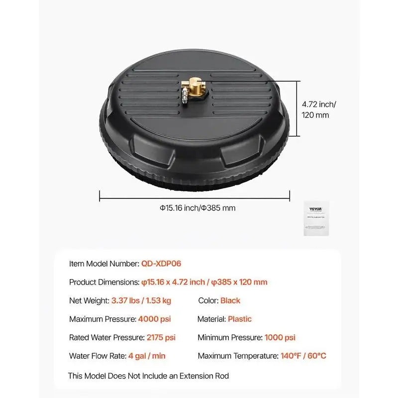 Nettoyeur de surface pour nettoyeur haute pression 385 mm, accessoire de nettoyage de sol en plastique sur roues, 275 bars max. Connecteur 0,635 cm 2 buses de pulvérisation pour béton, trottoir, noir